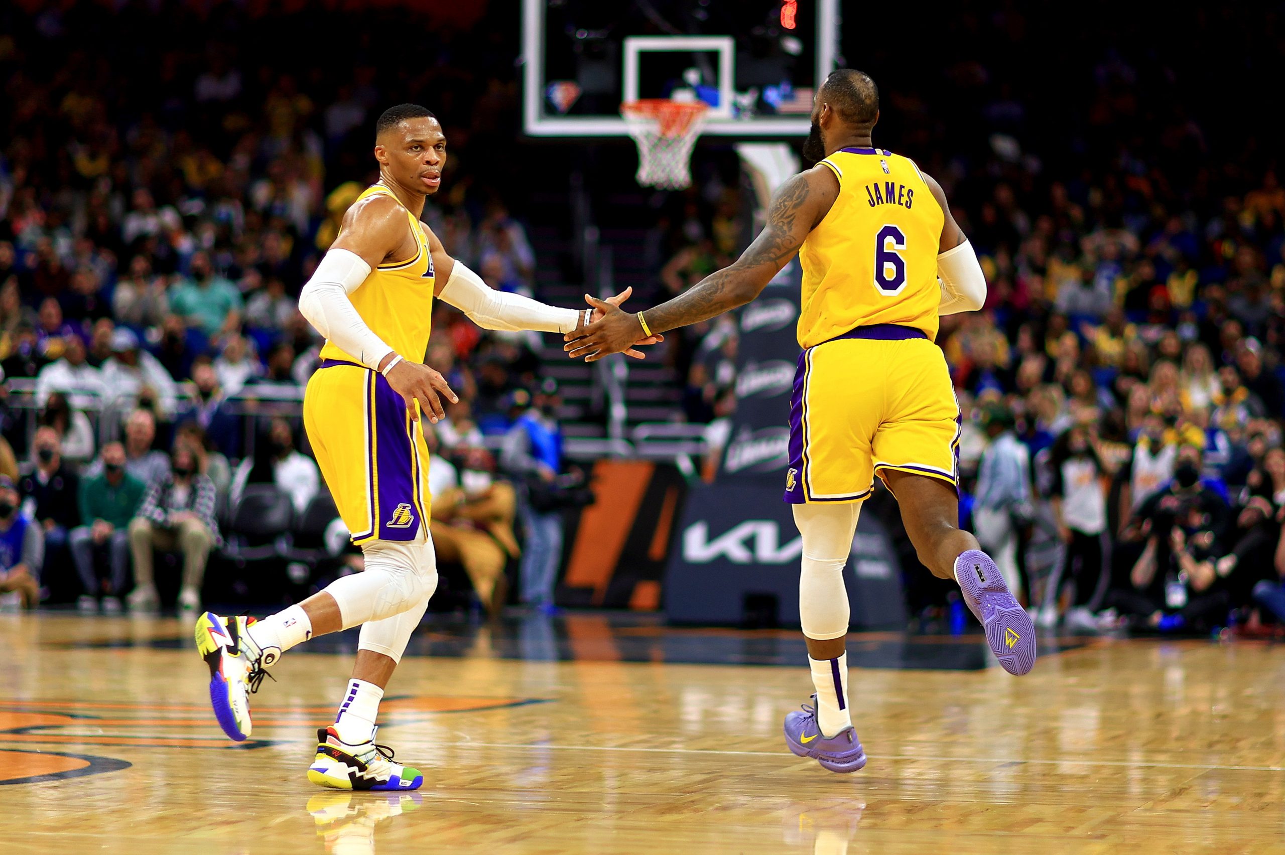 Los Angeles Lakers stars Russell Westbrook and LeBron James celebrated during a win over the Orlando Magic on Jan. 21 in Orlando.