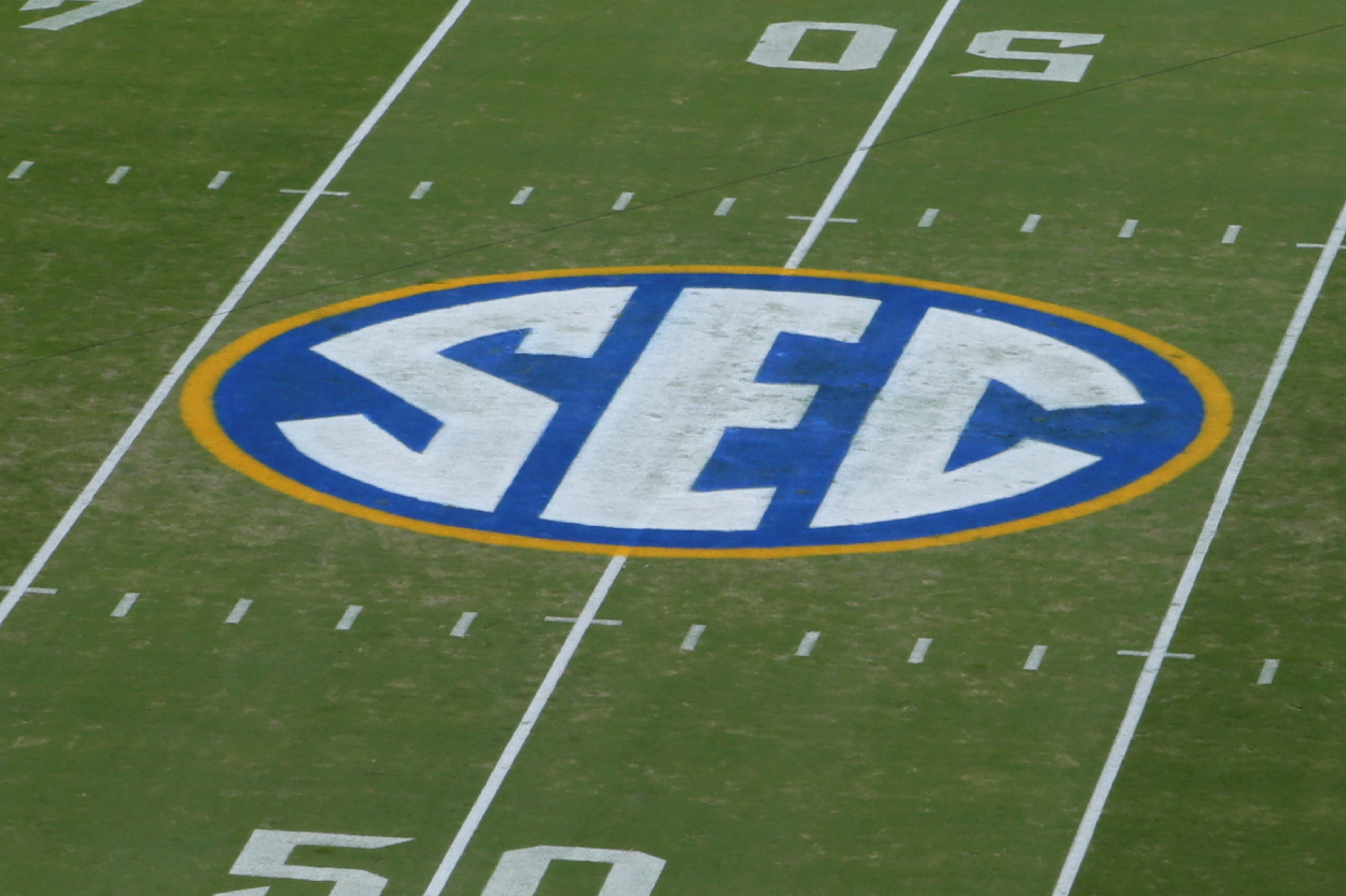 The SEC logo during a football game in 2018. How many times has an SEC school won the college football national championship?