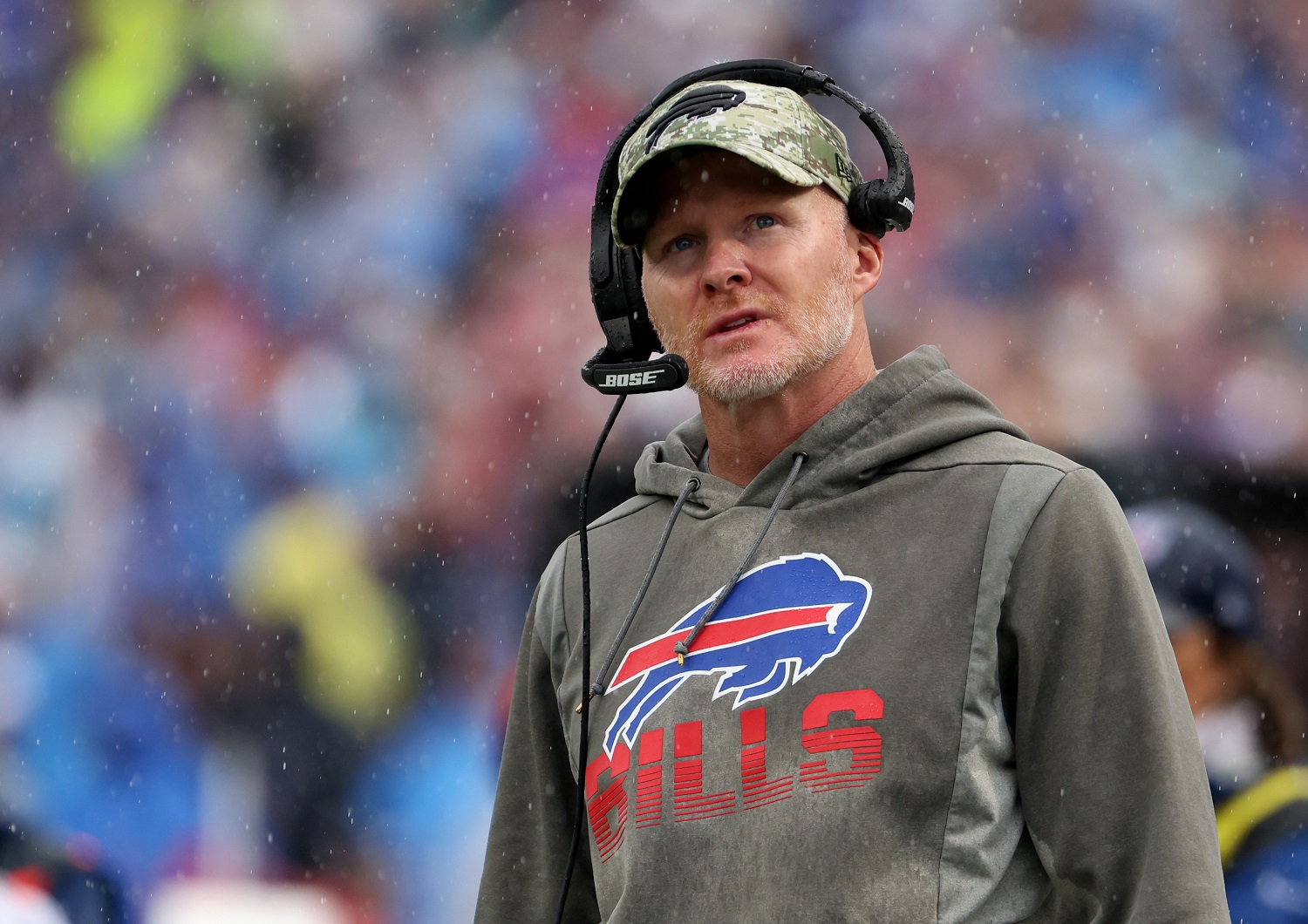 Head coach Sean McDermott of the Buffalo Bills on the sideline against the Houston Texans at Highmark Stadium on Oct. 3, 2021, in Orchard Park, New York.