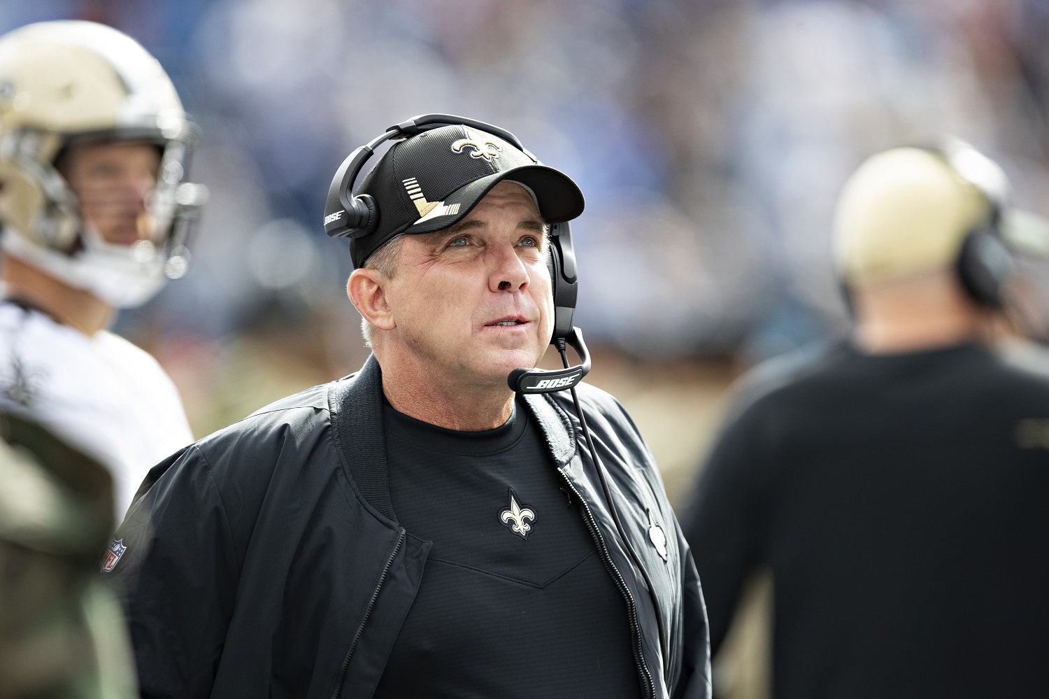 Head coach Sean Payton of the New Orleans Saints on the sidelines during a game against the Tennessee Titans at Nissan Stadium on Nov. 14, 2021, in Nashville, Tennessee.