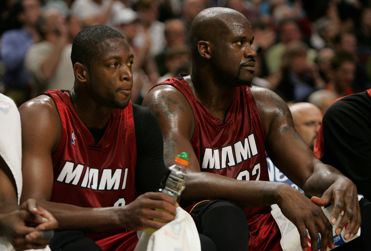 Former Miami Heat stars Dwyane Wade and Shaquille O'Neal. Wade and Shaq won a title together on the Heat in 2006.