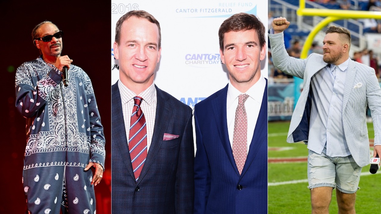 (L-R) Snoop Dogg, Peyton Manning, Eli Manning, and Pat McAfee . Snoop and McAfee are among the 10 best Manning Cast guests of the 2021 season.