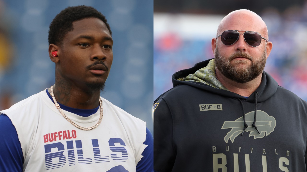 Bills WR Stefon Diggs warms up before a game; New Giants head coach Brian Daboll on the field during training camp