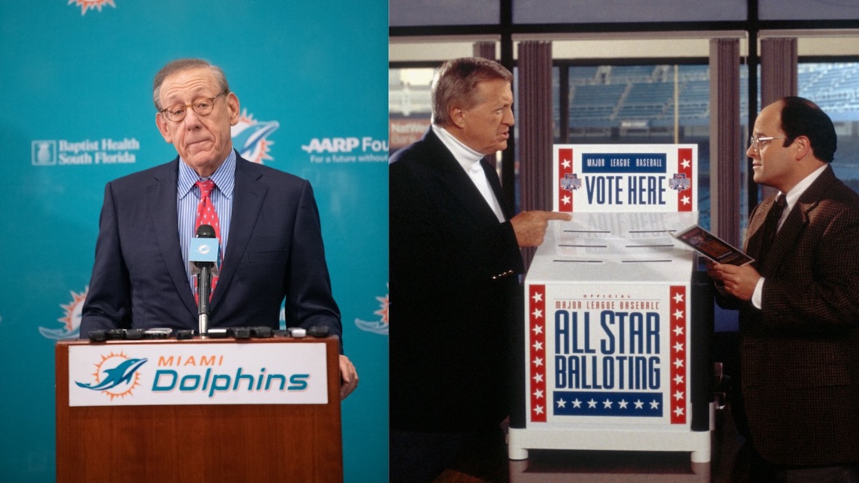 (L-R) Stephen Ross Chairman & Owner of the Miami Dolphins addresses the media as he announces Brian Flores as their new Head Coach at Baptist Health Training Facility at Nova Southern University on February 4, 2019 in Davie, Florida; George Steinbrenner as himself, Jason Alexander as George Costanza on 'Seinfeld'.