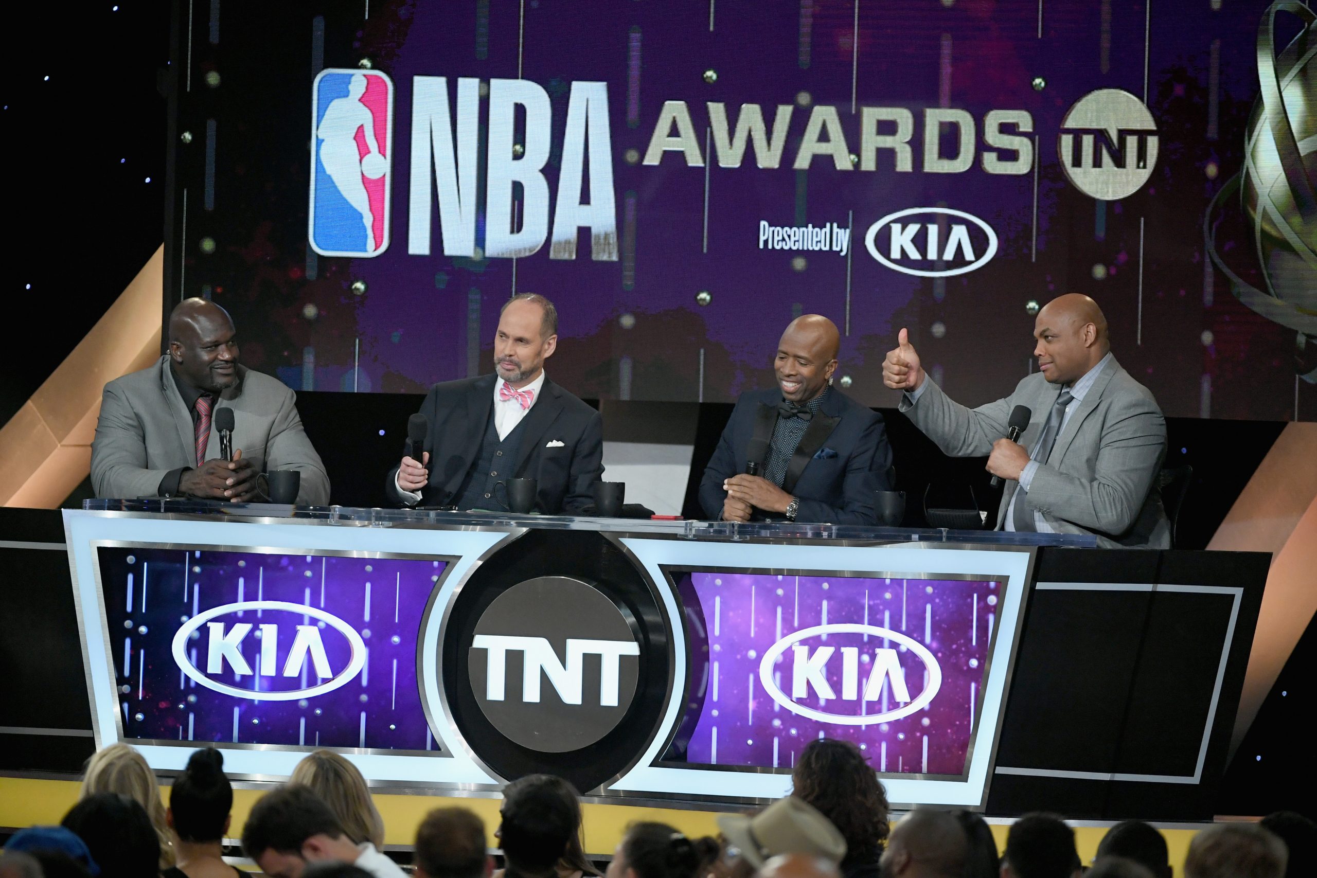 Shaquille O'Neal, Ernie Johnson Jr., Kenny Smith, and Charles Barkley speak at the 2018 NBA Awards at Barkar Hangar on June 25, 2018 in Santa Monica, California. | Kevin Winter/Getty Images for Turner Sports