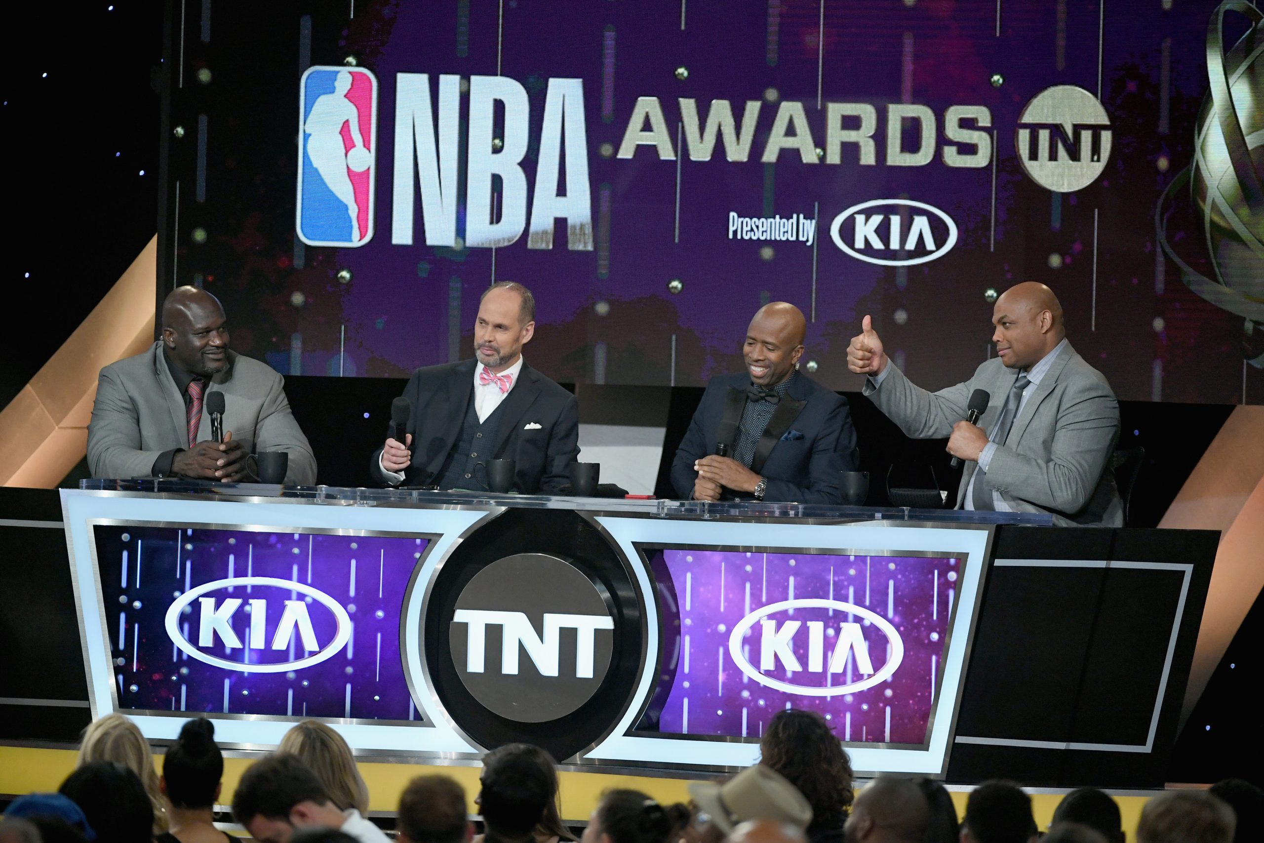 Shaquille O'Neal, Ernie Johnson Jr., Kenny Smith, and Charles Barkley speak at the 2018 NBA Awards at Barkar Hangar on June 25, 2018 in Santa Monica, California. | Kevin Winter/Getty Images for Turner Sports