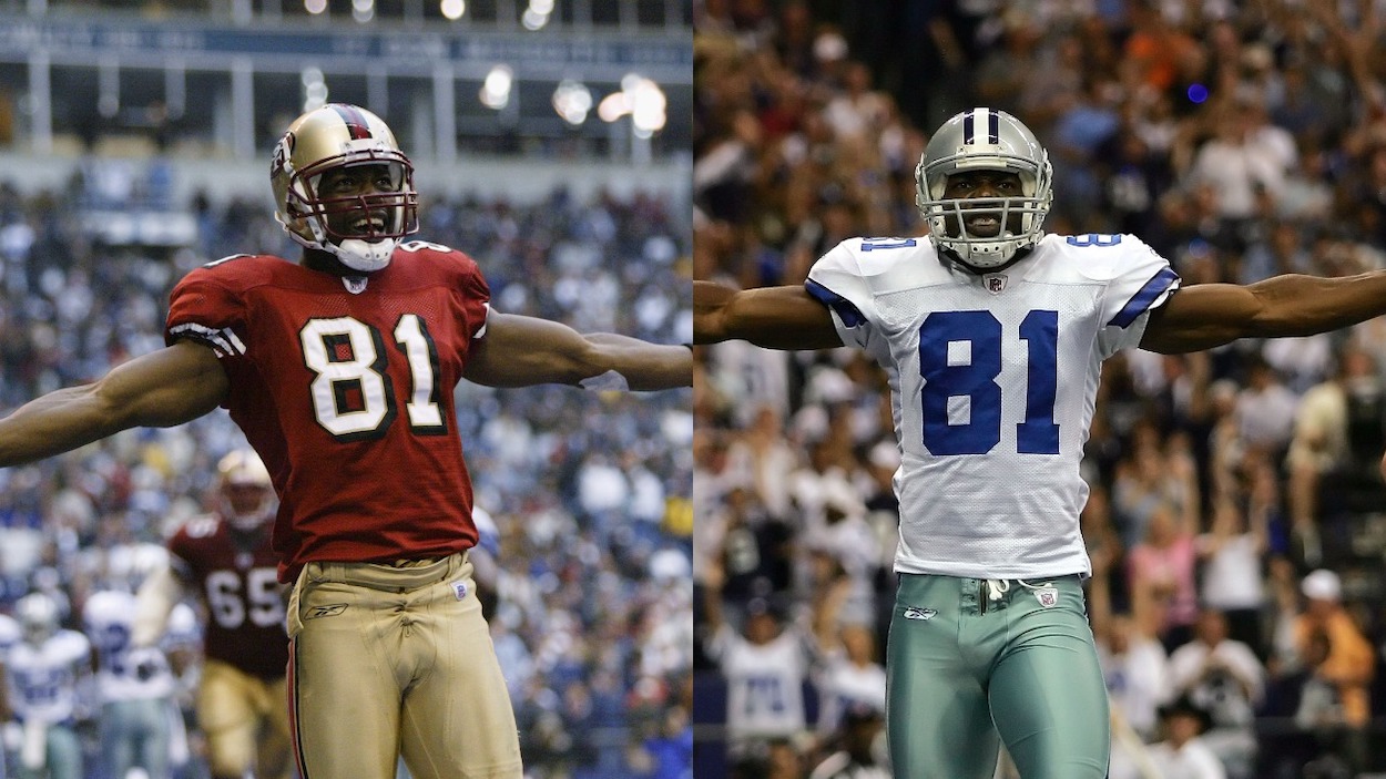 (L-R) Wide receiver Terrell Owens of the San Francisco 49ers celebrates in the end zone after scoring a touchdown against the Dallas Cowboys with 12 seconds left on December 8, 2002; Terrell Owens of the Dallas Cowboys celebrates a touchdown against the Philadelphia Eagles in the second quarter at Texas Stadium on September 15, 2008.