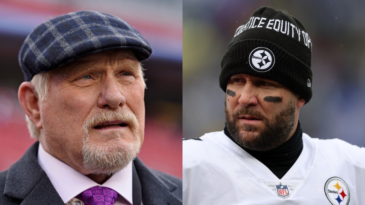 (L-R) Terry Bradshaw chats on the field before their NFC Championship game at Levi's Stadium in Santa Clara, Calif., on Sunday, Jan. 19, 2020; Ben Roethlisberger of the Pittsburgh Steelers on the field before the game against the Baltimore Ravens at M&T Bank Stadium on January 09, 2022.