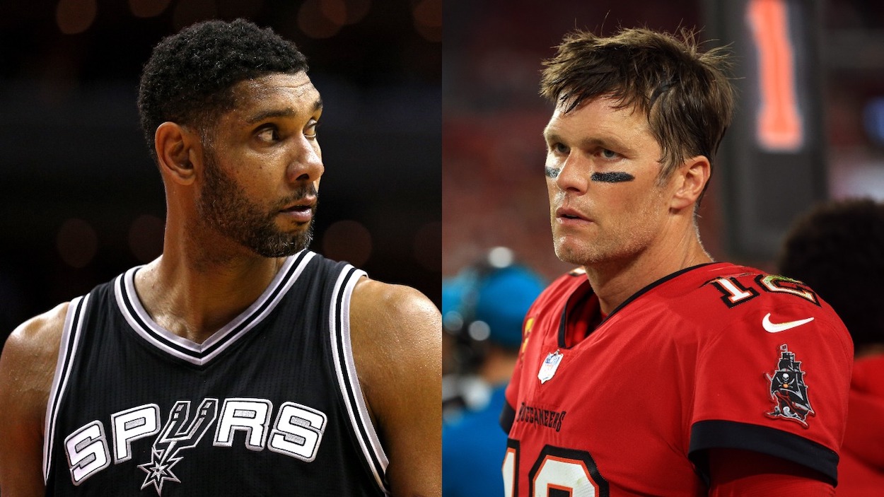 (L-R) Tim Duncan of the San Antonio Spurs looks on against the Washington Wizards during the second half at Verizon Center on November 4, 2015; Tom Brady #12 of the Tampa Bay Buccaneers watches from the sidelines during the 2nd quarter of the game against the New Orleans Saints at Raymond James Stadium on December 19, 2021.