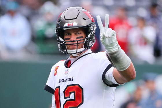 Tampa Bay Buccaneers quarterback Tom Brady reacts to the crowd prior to the National Football League game between the New York Jets and the Tampa Bay Buccaneers on January 2, 2022 at MetLife Stadium in East Rutherford, NJ.
