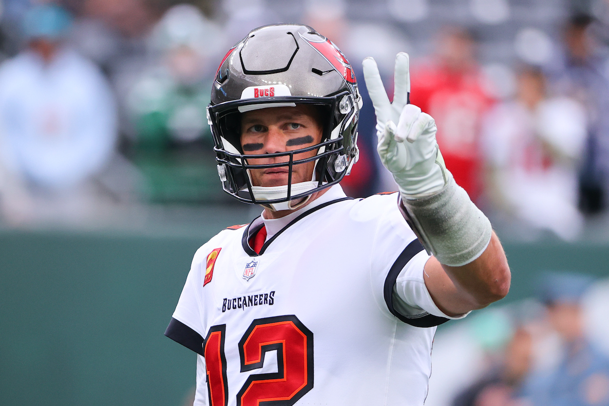 Tampa Bay Buccaneers quarterback Tom Brady reacts to the crowd prior to the National Football League game between the New York Jets and the Tampa Bay Buccaneers on January 2, 2022 at MetLife Stadium in East Rutherford, NJ.