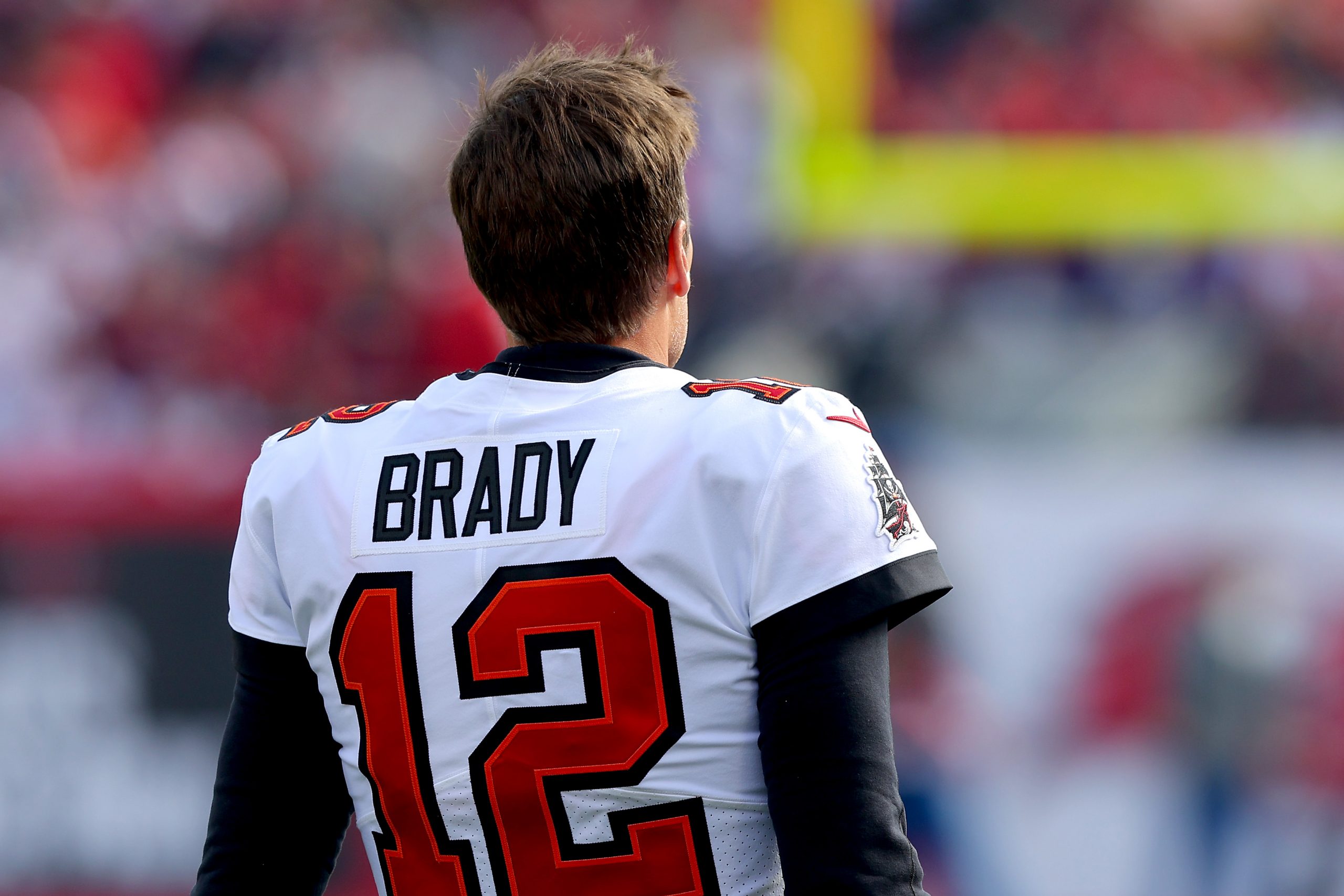 Tom Brady of the Tampa Bay Buccaneers looks on before the game against the Los Angeles Rams.