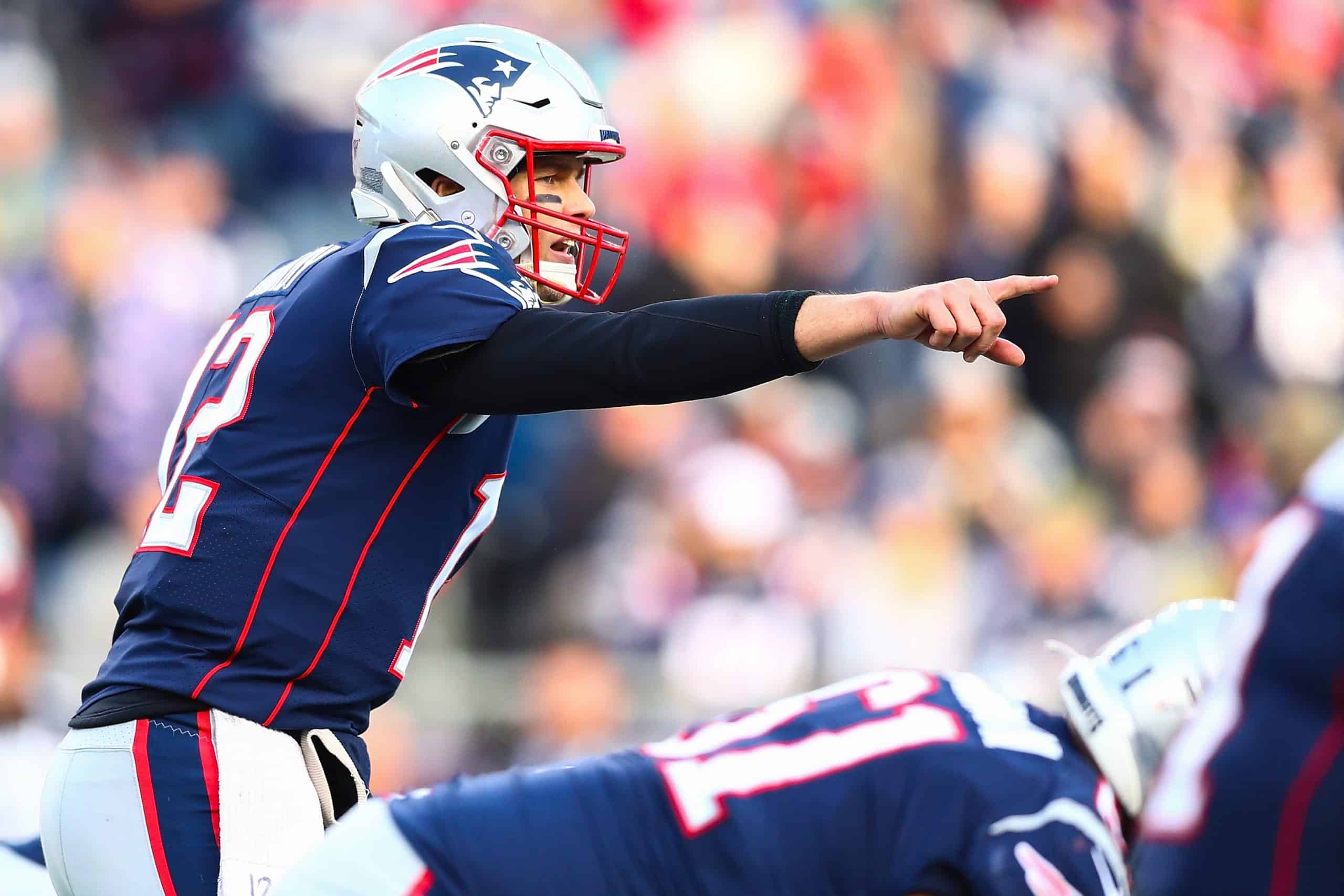 Tom Brady of the New England Patriots calls out plays.