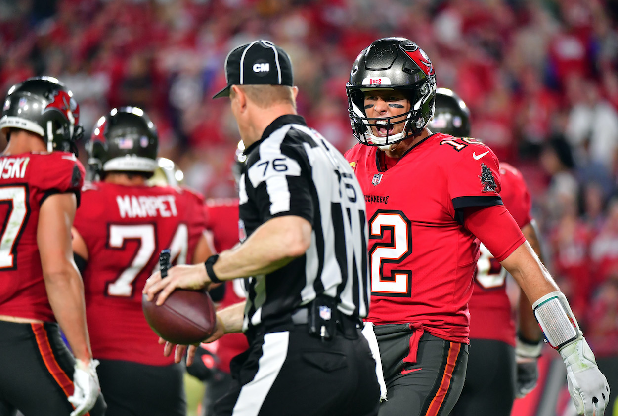 Tom Brady of the Tampa Bay Buccaneers yells at a referee during the 4th quarter of the game against the New Orleans Saints at Raymond James Stadium on December 19, 2021 in Tampa, Florida.