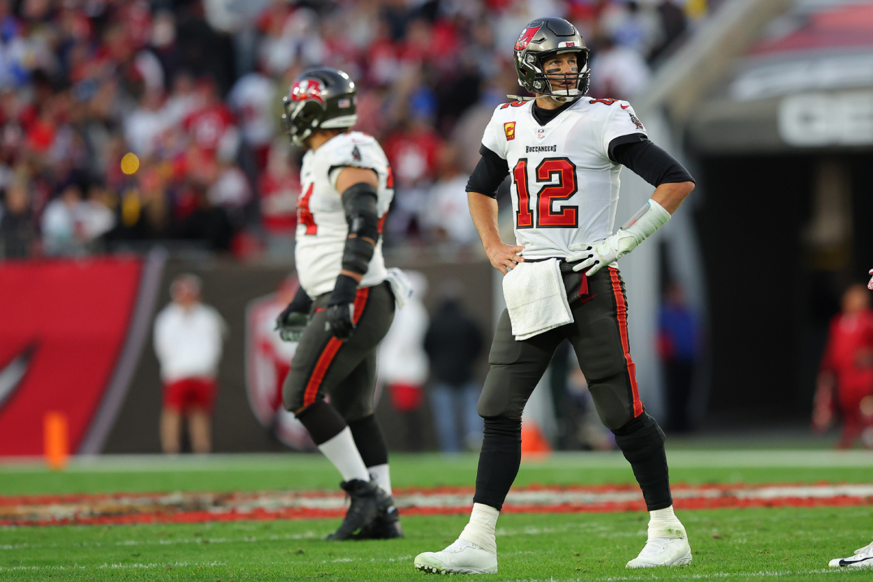 Tom Brady of the Tampa Bay Buccaneers looks on in the fourth quarter against the Los Angeles Rams.