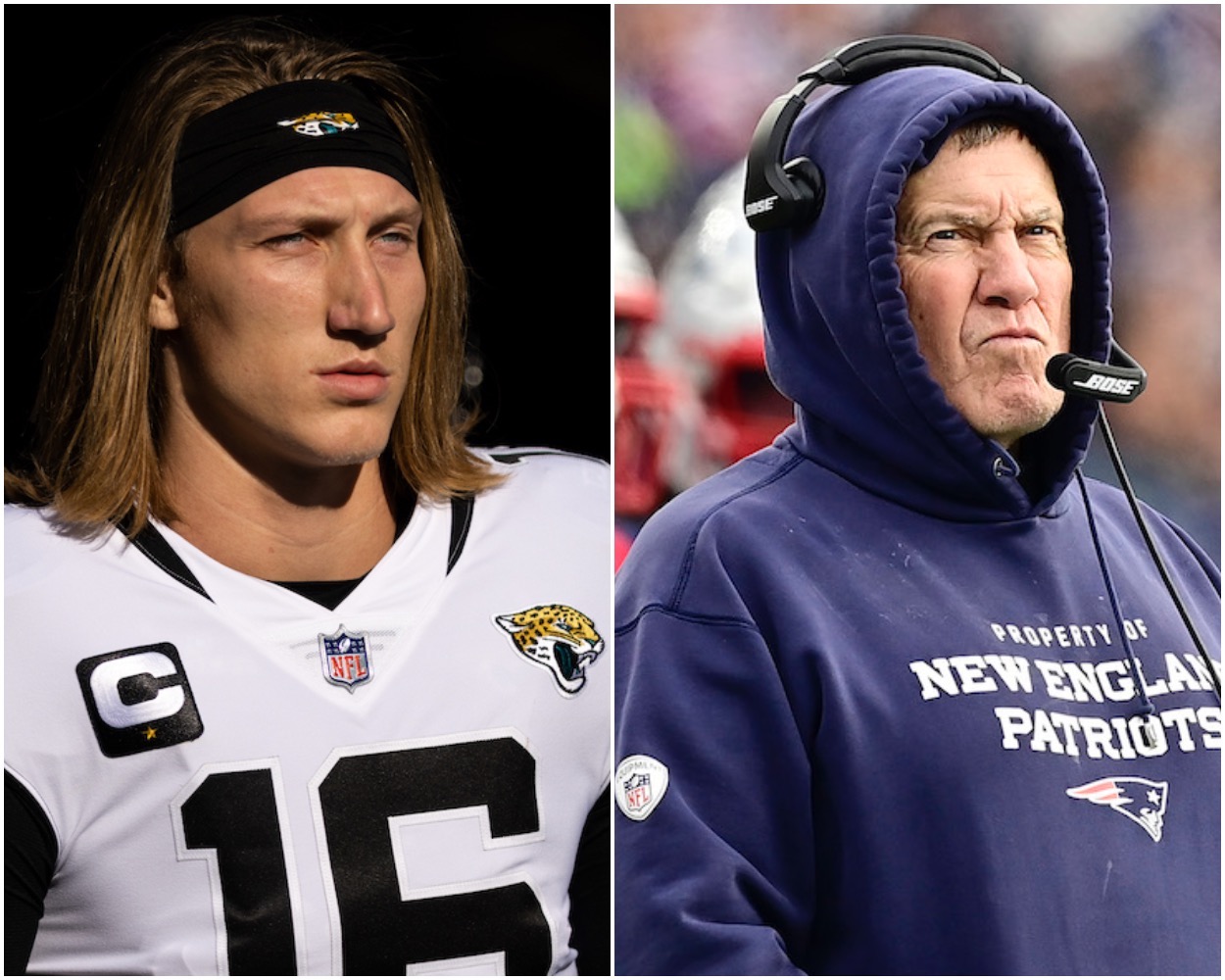 Jaguars QB Trevor Lawrence and Patriots HC Bill Belichick.