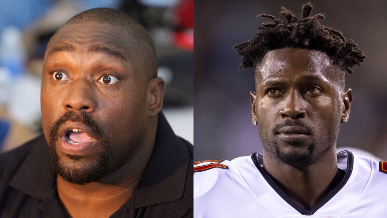 Hall of Famer Warren Sapp talks during Super Bowl Media Day; Buccaneers WR Antonio Brown looks on during a game