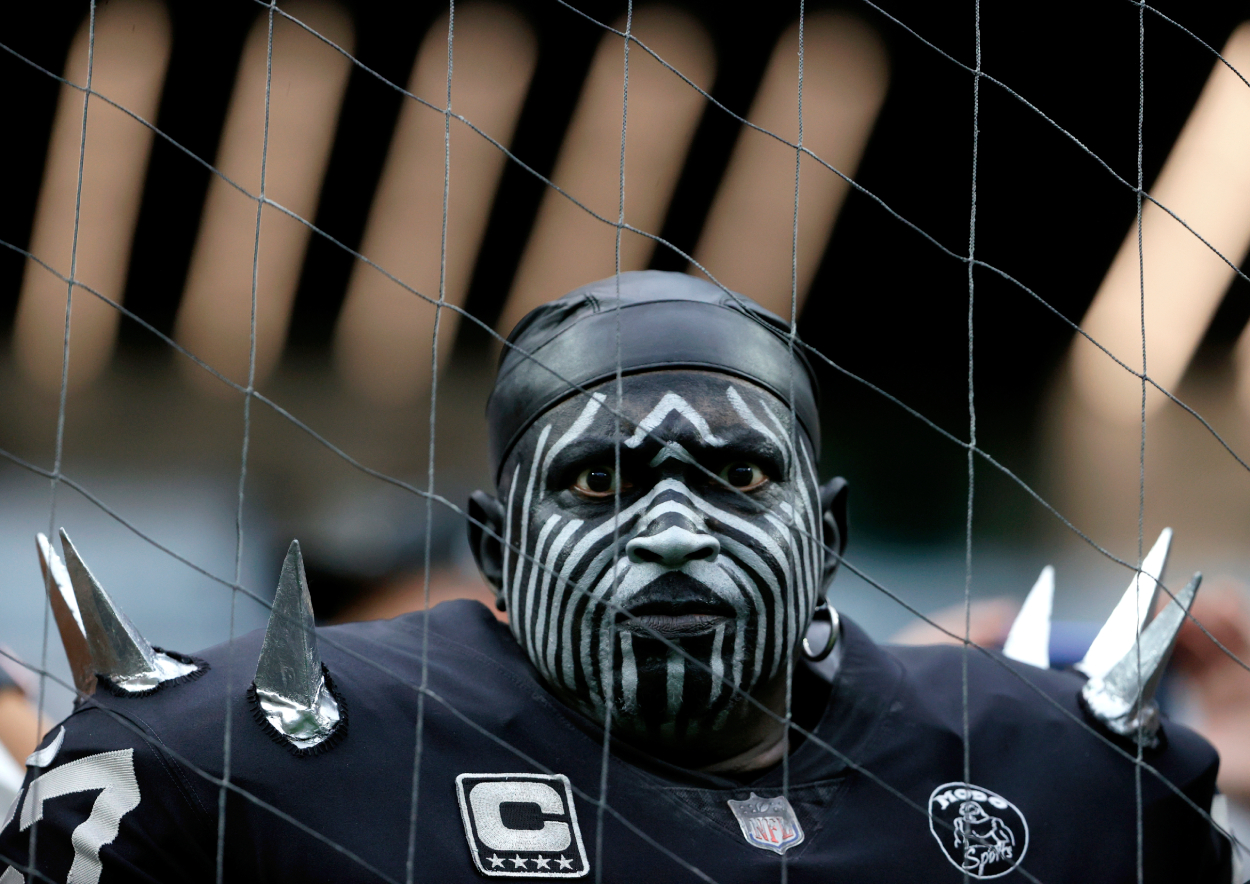 Las Vegas Raiders fan Wayne "The Violator" Mabry attends a game between the Raiders and the Miami Dolphins at Allegiant Stadium on September 26, 2021.