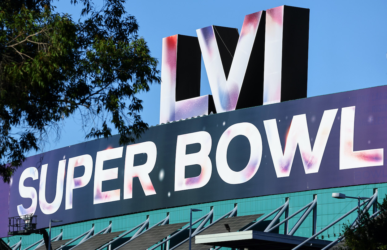The Super Bowl 56 logo is displayed on the Los Angeles Convention Center, site of the Super Bowl Experience, the NFL's 'interactive football theme park', ahead of Super Bowl LVI on February 11, 2022 in Los Angeles, California. The 2022 Super Bowl will be played on February 13 at SoFi Stadium in Inglewood, California, where the hometown Los Angeles Rams will face the Cincinnati Bengals.