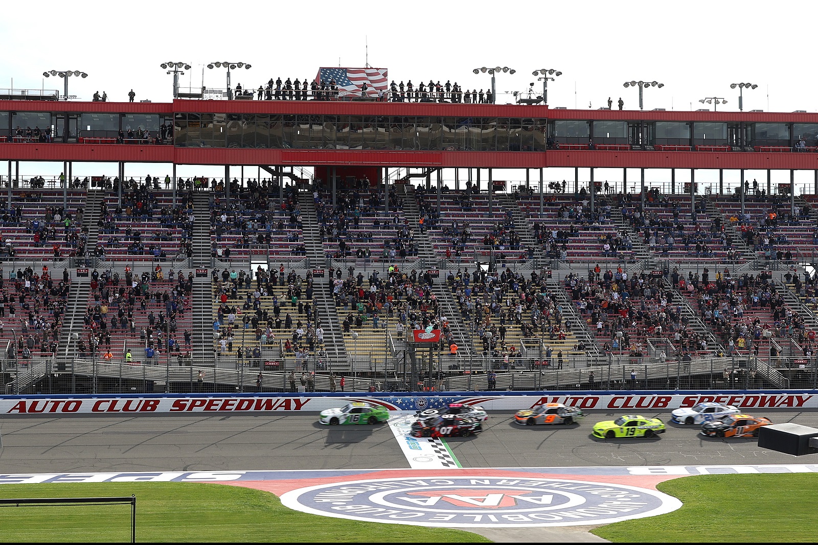 AJ Allmendinger, driver of the No. 16 Chevrolet, leads the field to start the NASCAR Xfinity Series Production Alliance 300 at Auto Club Speedway on Feb. 26, 2022 in Fontana, California. | James Gilbert/Getty Images