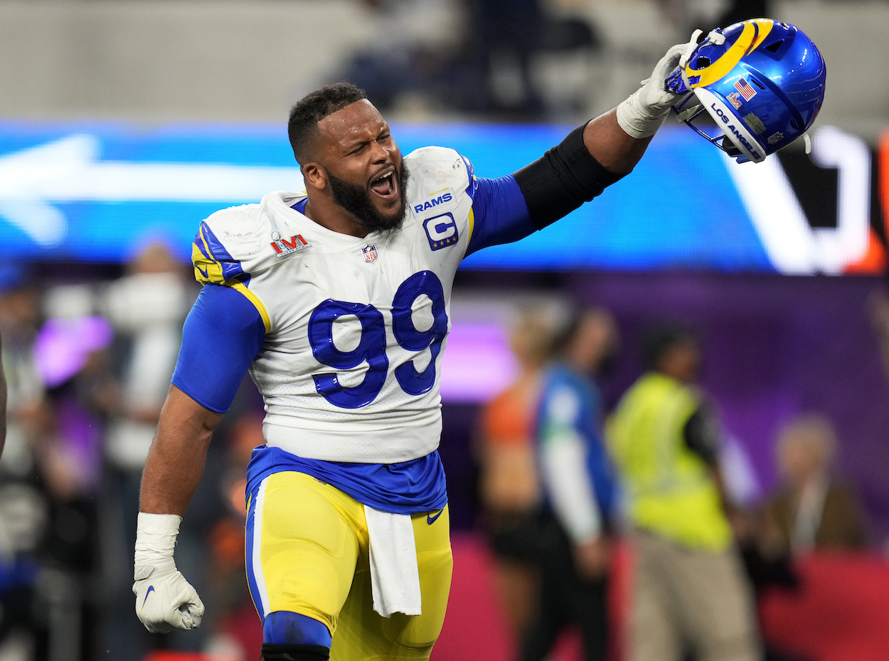 Rams defensive tackle Aaron Donald celebrates after beating the Bengals in the Super Bowl