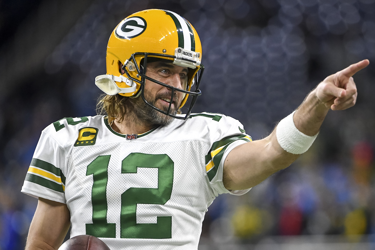 Aaron Rodgers of the Green Bay Packers warms up before the game against the Detroit Lions at Ford Field on January 09, 2022 in Detroit, Michigan. The QB said nothing about his future in his recent Pat McAfee Show' appearance.