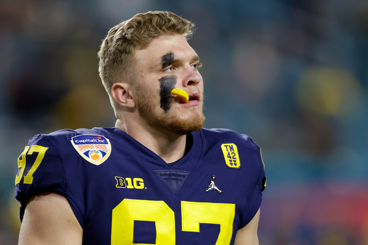 Michigan Wolverines defensive end Aidan Hutchinson during the Capital One Orange Bowl game between the Georgia Bulldogs and the Michigan Wolverines on December 31, 2021 at Hard Rock Stadium in Miami Gardens, Fl.