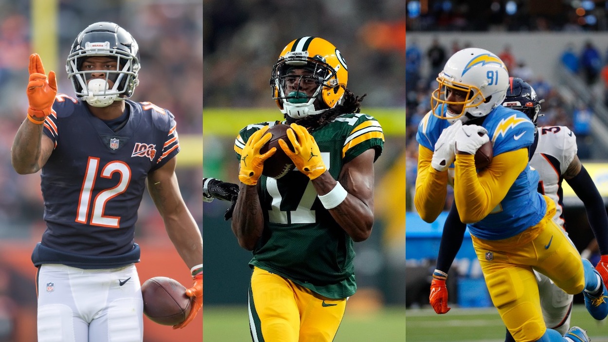 (L-R) Top 2022 NFL free-agent wide receivers include the Chicago Bears Allen Robinson II, Green Bay Packers Davante Adams, and Los Angeles Chargers Mike Williams