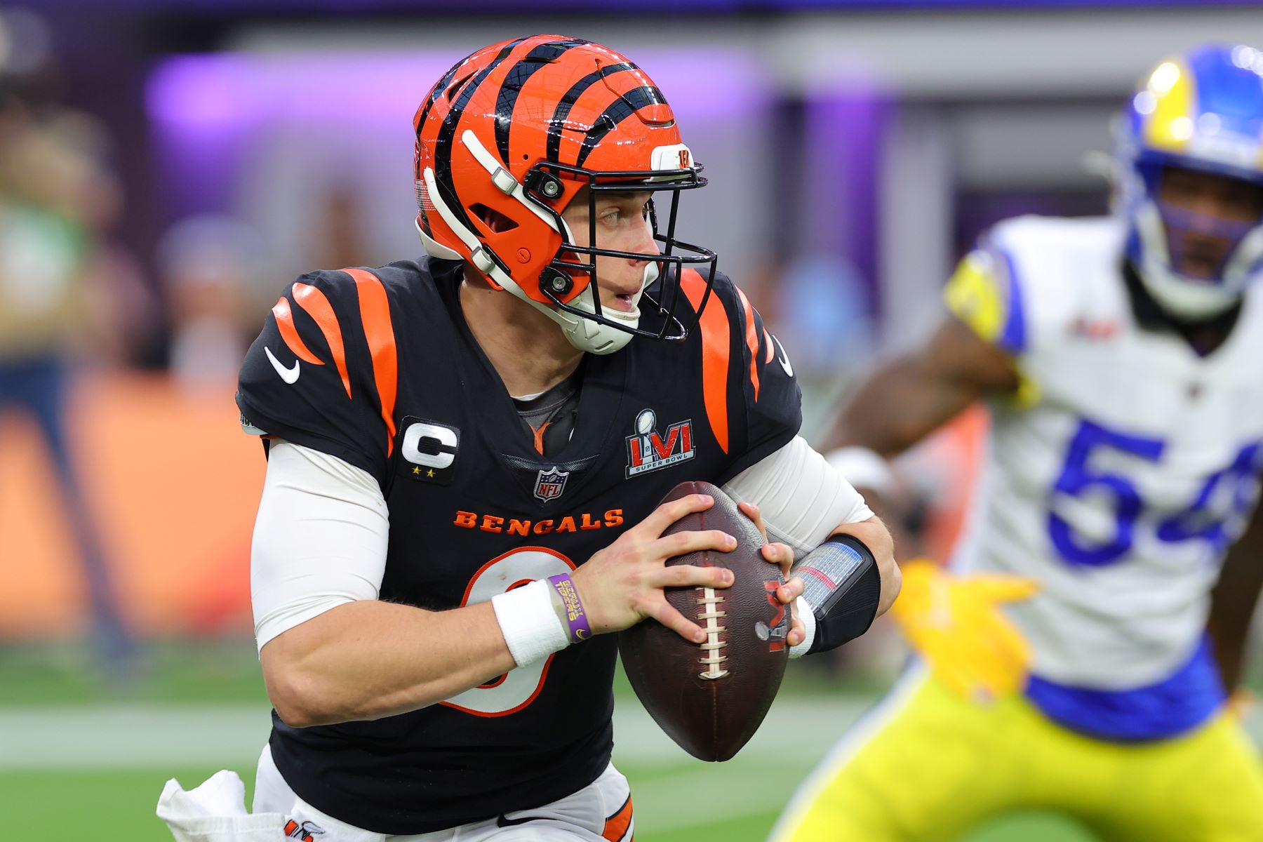 American football quarterback Joe Burrow of the Cincinnati Bengals playing during Super Bowl LVI