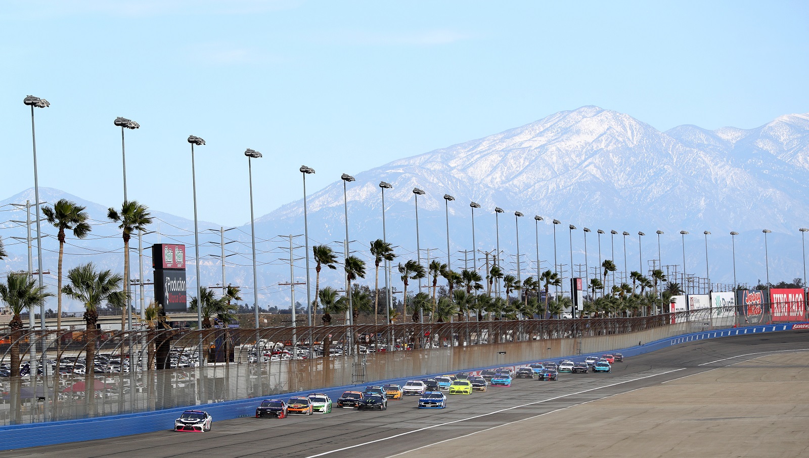 A general view of racing during the NASCAR Xfinity Series Production Alliance 300 at Auto Club Speedway on Feb. 26, 2022, in Fontana, California.