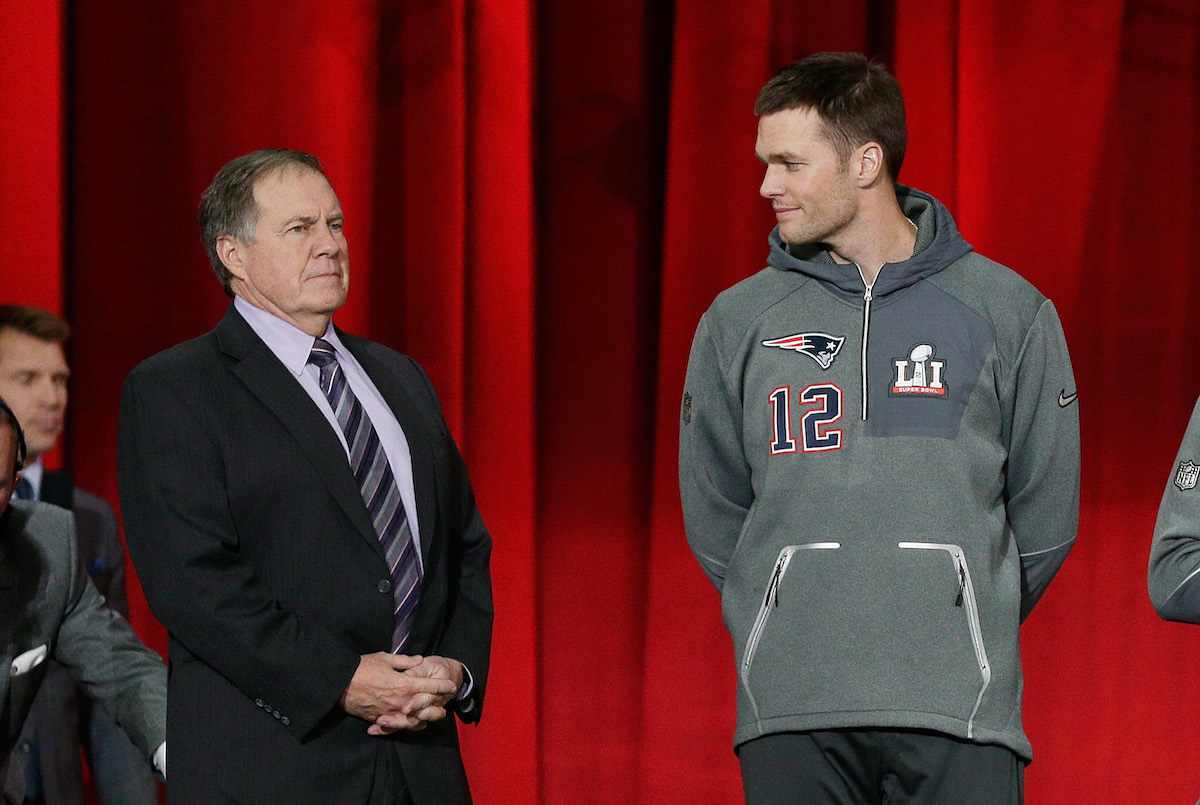 New England Patriots head coach Bill Belichick, who holds the record for the most Super Bowl rings, prepares for Super Bowl 51 onstage