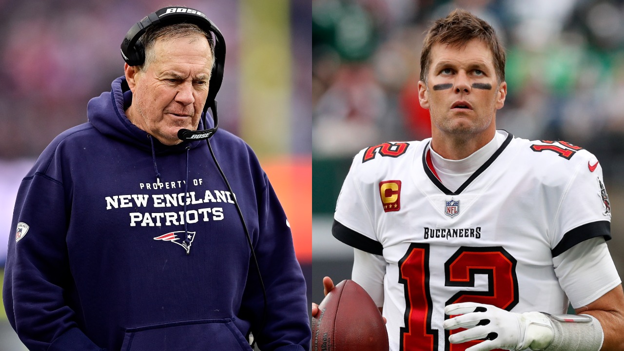 Patriots head coach Bill Belichick reacts during a game; Buccaneers QB Tom Brady warms up before a game