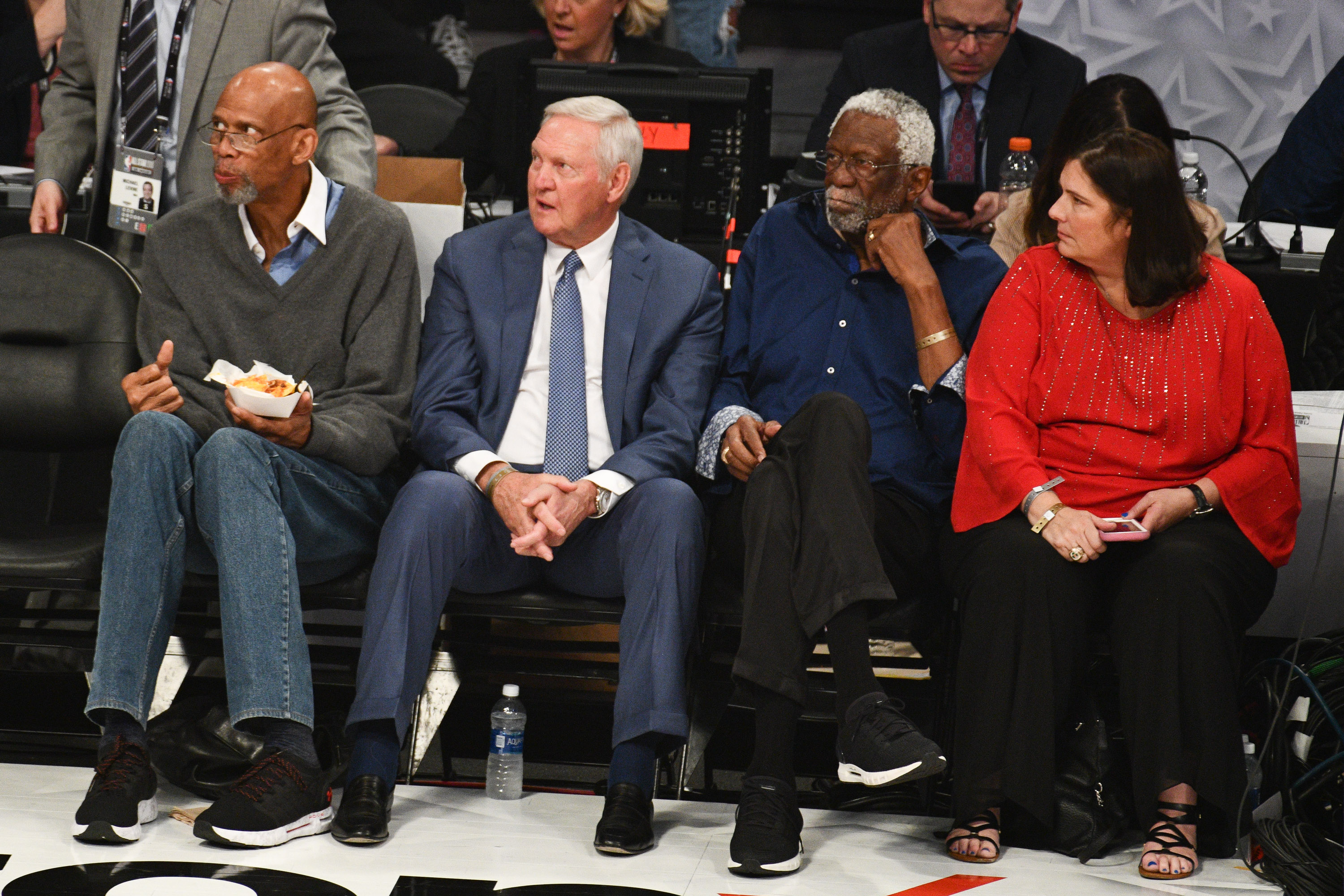 L-R: Former Los Angeles Lakers greats Kareem Abdul-Jabbar and Jerry West and Boston Celtics legend Bill Russell attend the 2018 NBA All-Star Game