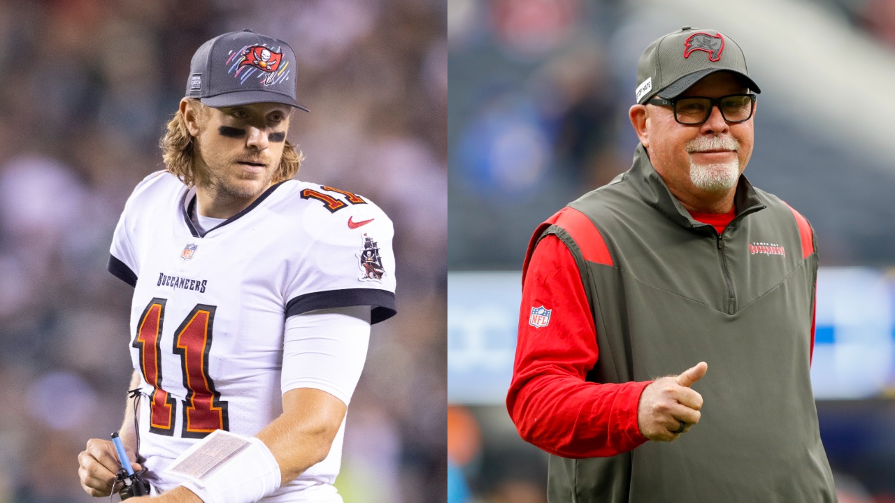 Tom Brady's backup Blaine Gabbert looks on during game against the Eagles; Bucs head coach Bruce Arians smile before a game