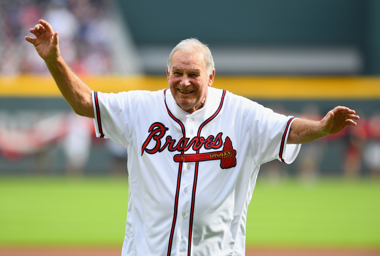 Former manager of the Atlanta Braves, Bobby Cox, throws out the ceremonial first pitch.