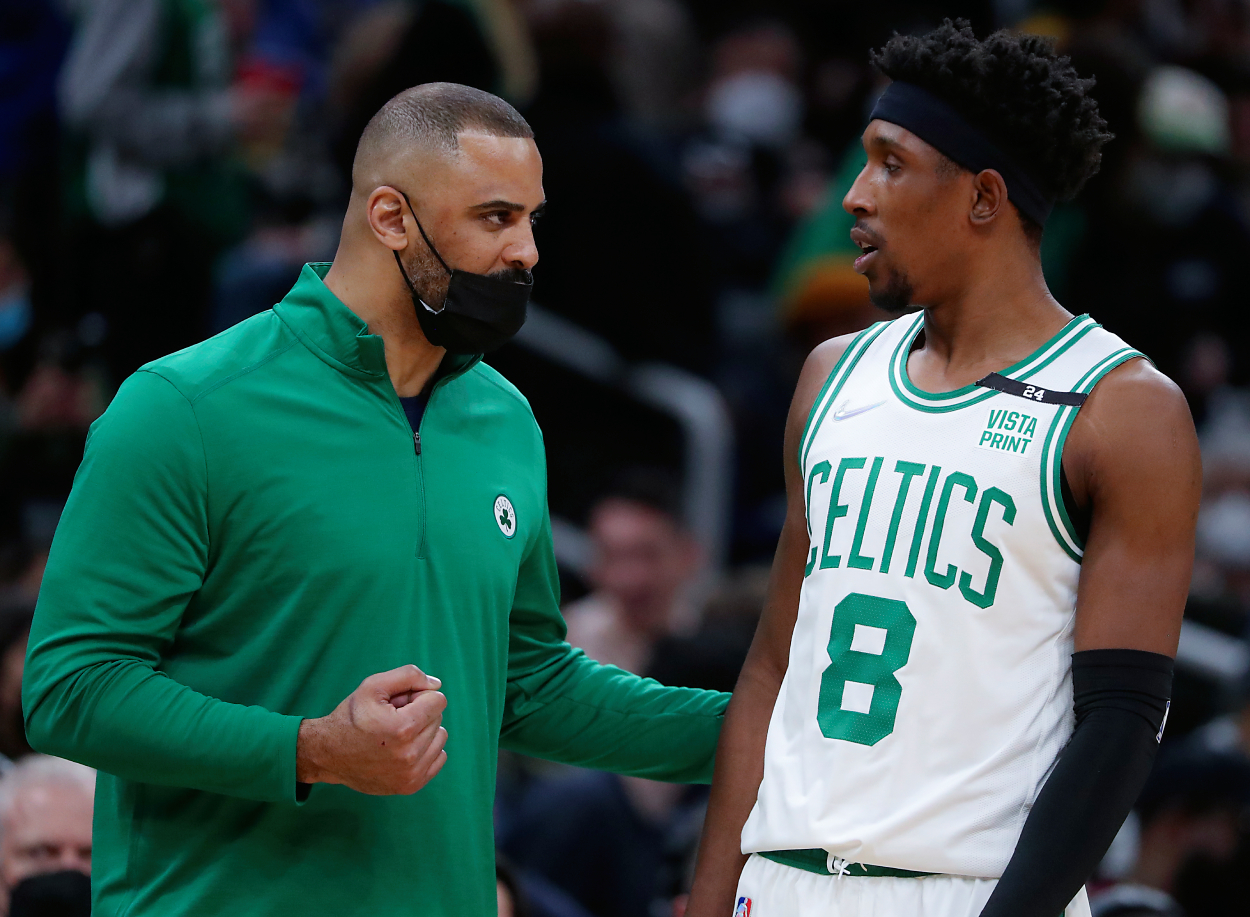 Boston Celtics head coach Ime Udoka talks to Josh Richardson.