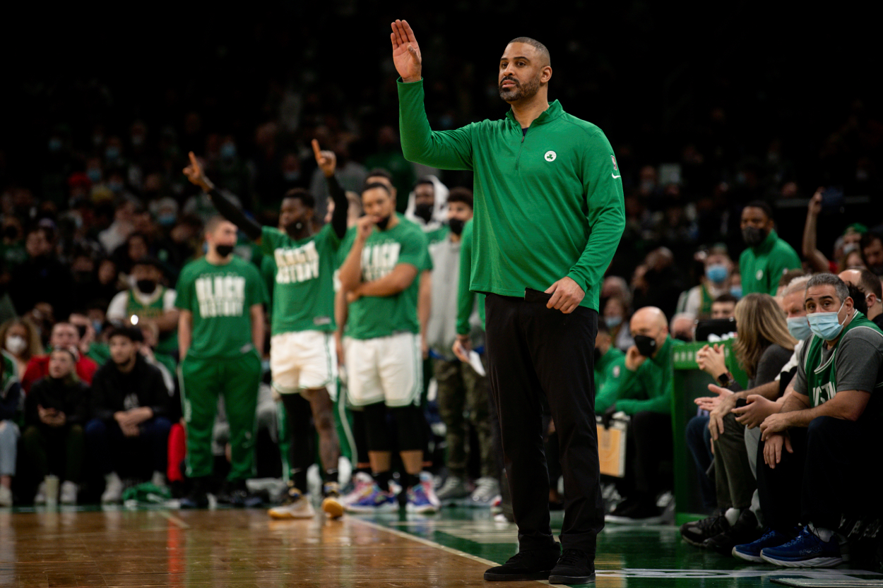 Head coach Ime Udoka of the Boston Celtics reacts during a game.