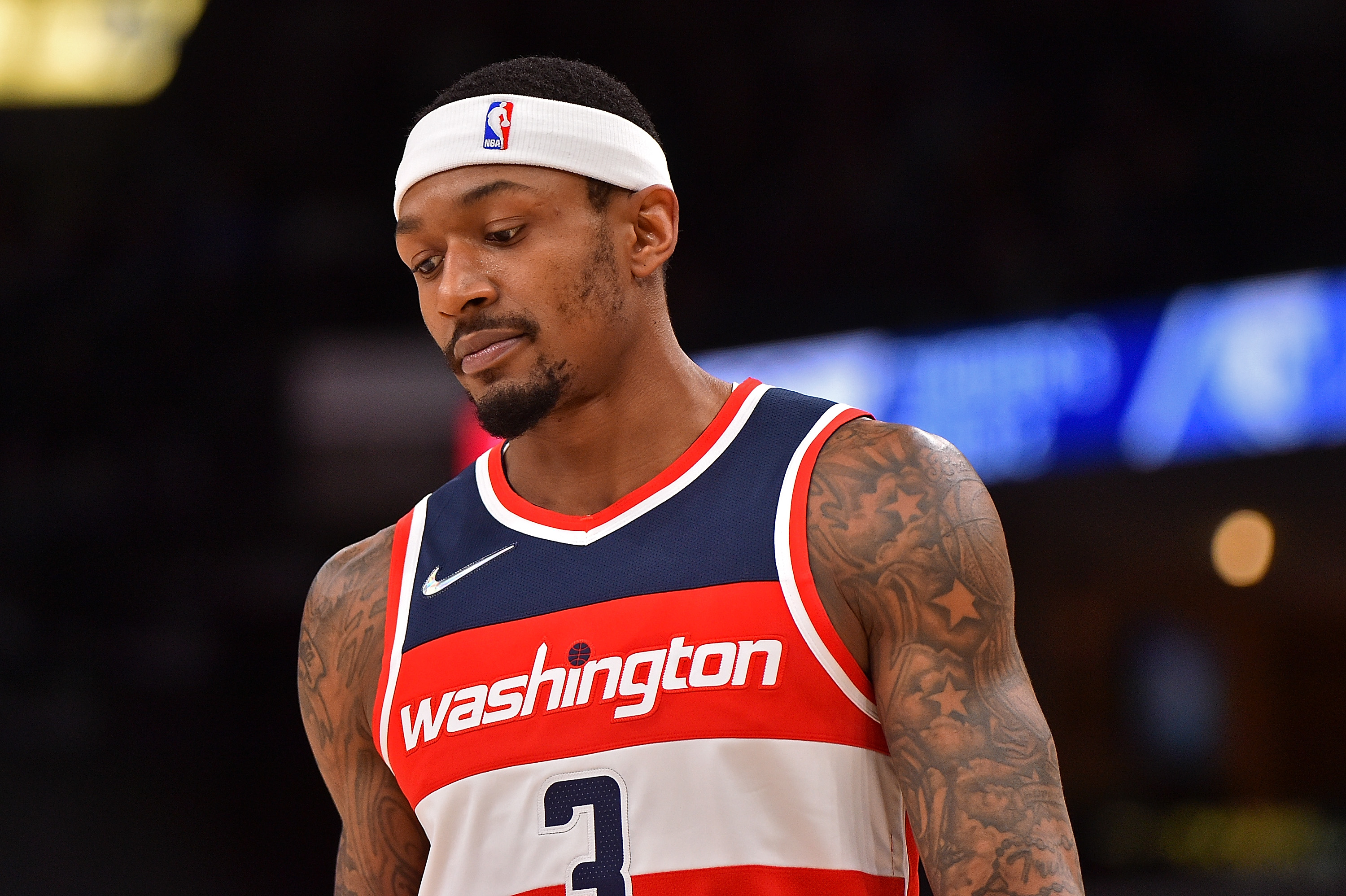 Washington Wizards star Bradley Beal reacts during an NBA game in January 2022