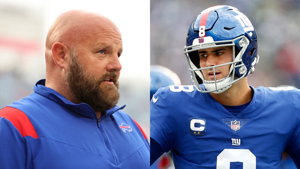 (L-R) Offensive coordinator Brian Daboll of the Buffalo Bills looks on prior to the game against the Pittsburgh Steelers at Highmark Stadium on September 12, 2021; Daniel Jones of the New York Giants in action against the Carolina Panthers at MetLife Stadium on October 24, 2021.
