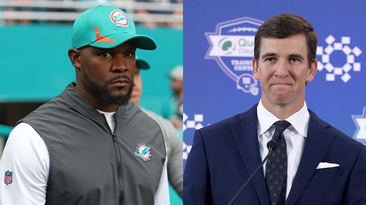 (L-R) Brian Flores, who was fired as the Miami Dolphins coach on Monday, Jan. 10, 2022; Eli Manning of the New York Giants announces his retirement during a press conference on January 24, 2020 at Quest Diagnostic Training Center in East Rutherford, New Jersey.