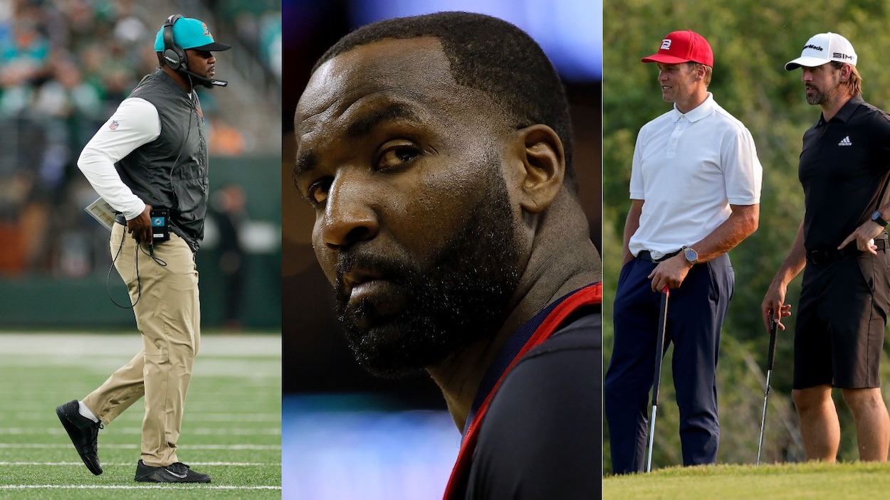 (L-R) Former Miami Dolphins coach Brian Flores; ESPN analyst Kendrick Perkins; NFL QBs Tom Brady and Aaron Rodgers at The Match. Perkins recently criticized Brady and Rodgers for not speaking up about the Brian Flores lawsuit.