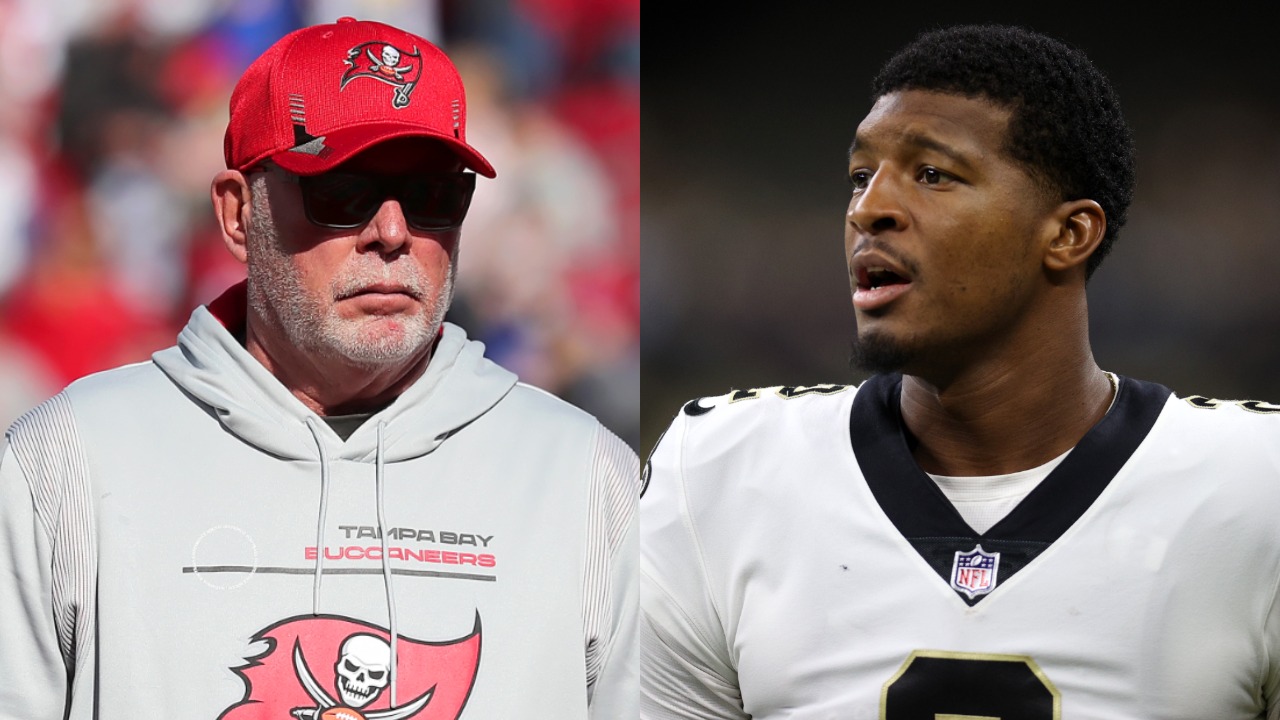 Bucs head coach Bruce Arians looks on before a game; Saints QB Jameis Winston reacts during game against the Jaguars
