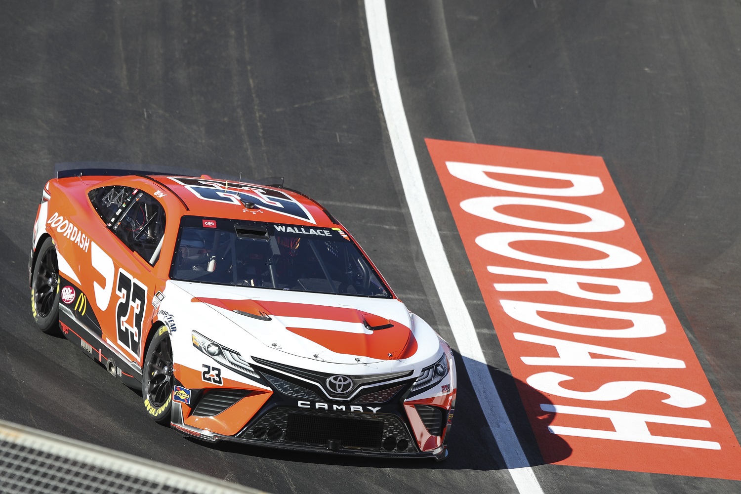 Bubba Wallace, driver of the No. 23 Toyota, drives during practice for the NASCAR Cup Series Busch Light Clash at the Los Angeles Coliseum on Feb. 5, 2022.