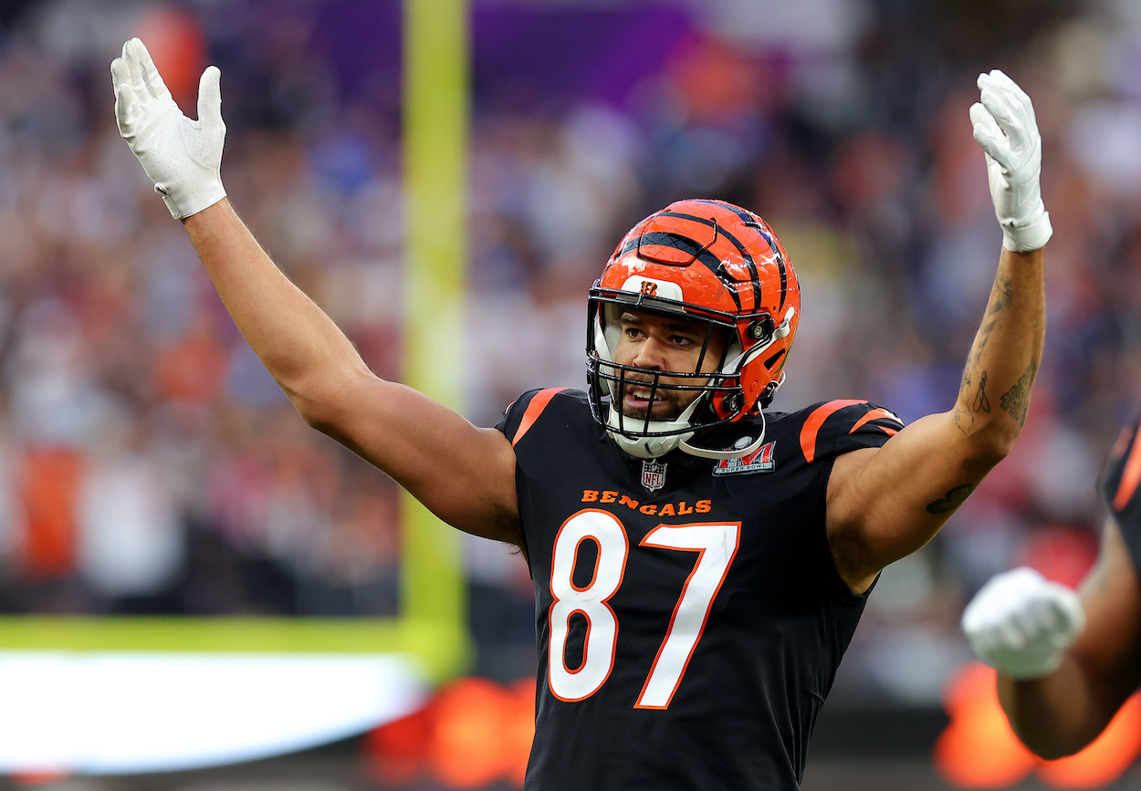 C.J. Uzomah of the Cincinnati Bengals reacts during the first half of Super Bowl LVI against the Los Angeles Rams at SoFi Stadium on February 13, 2022 in Inglewood, California.