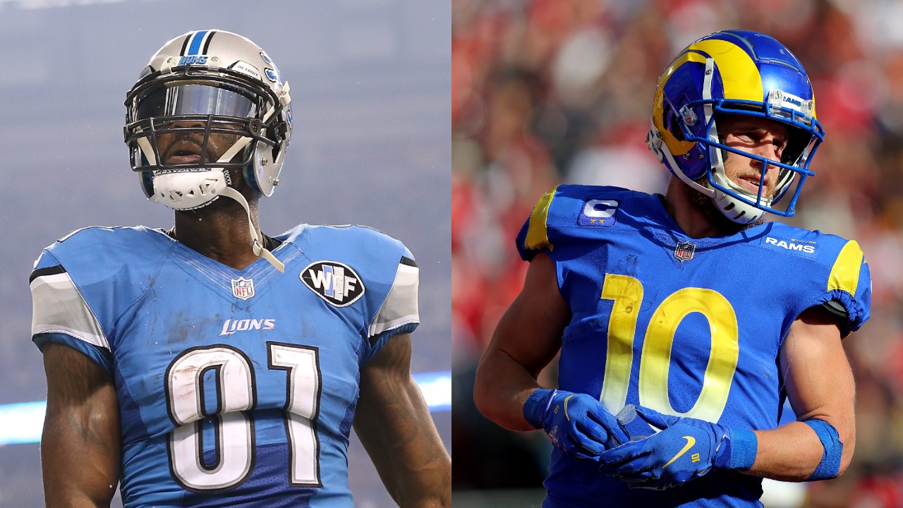 Lions WR Calvin Johnson celebrates after scoring a touchdown; Rams wideout Cooper Kupp in action against the Buccaneers