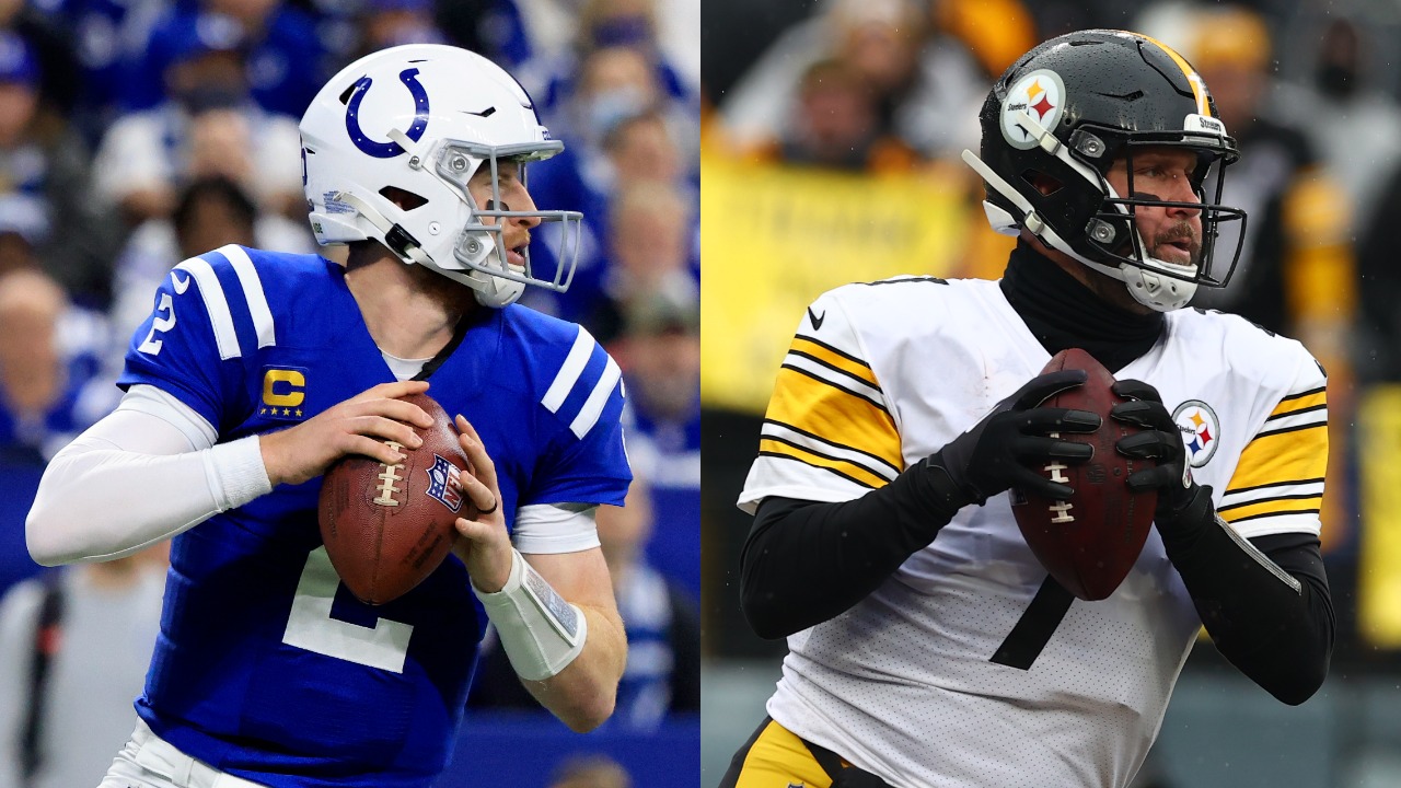 Colts QB Carson Wentz drops back for a pass; Steelers QB Ben Roethlisberger in action against the Ravens
