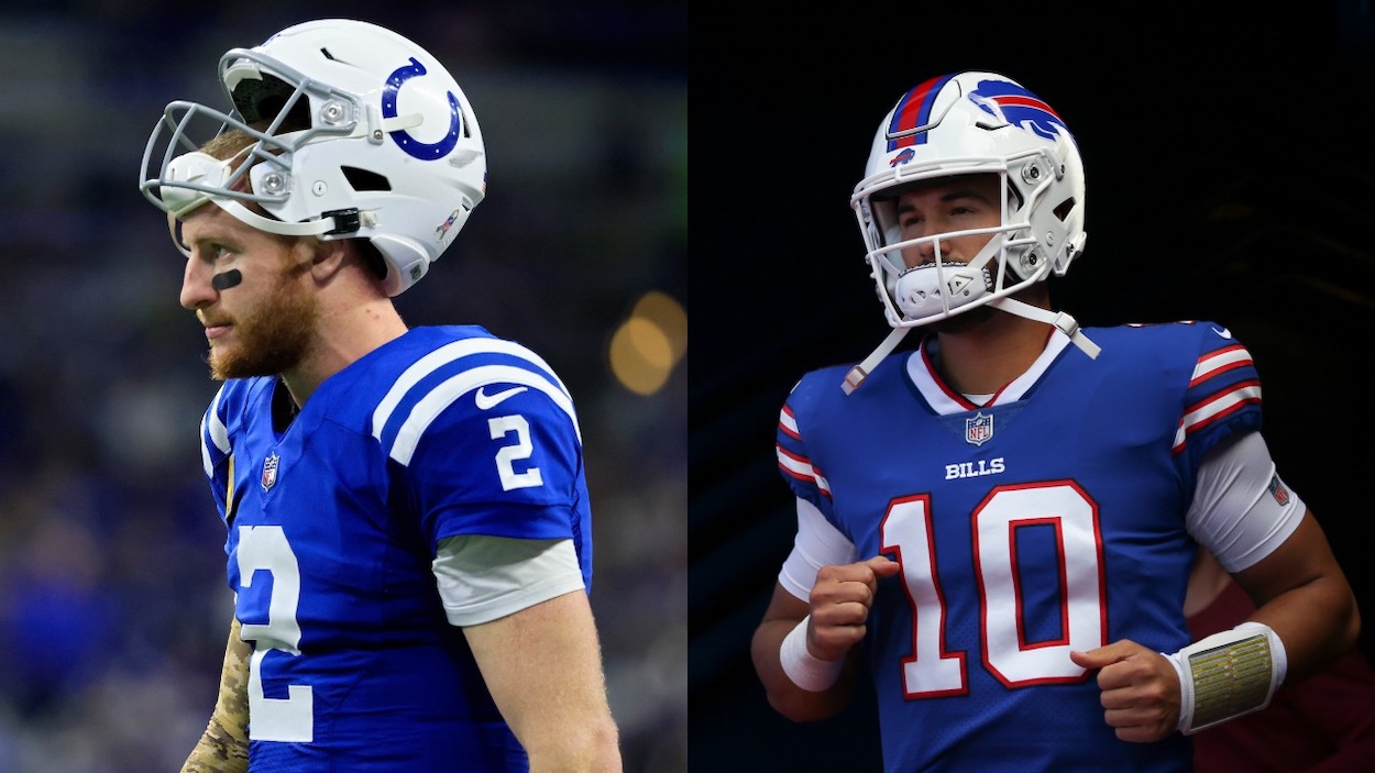 (L-R) Quarterback Carson Wentz of the Indianapolis Colts reacts during the second quarter against the Jacksonville Jaguars at Lucas Oil Stadium on November 14, 2021 in Indianapolis, Indiana; Mitchell Trubisky of the Buffalo Bills takes the field after halftime of the game against the Washington Football Team at Highmark Stadium on September 26, 2021 in Orchard Park, New York.