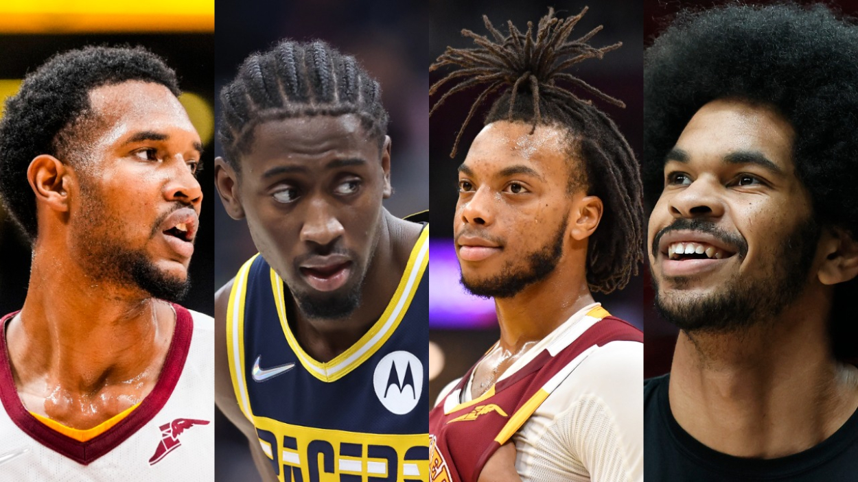 Cavs stars Evan Mobley, Caris LeVert, Darius Garland, and Jarrett Allen.