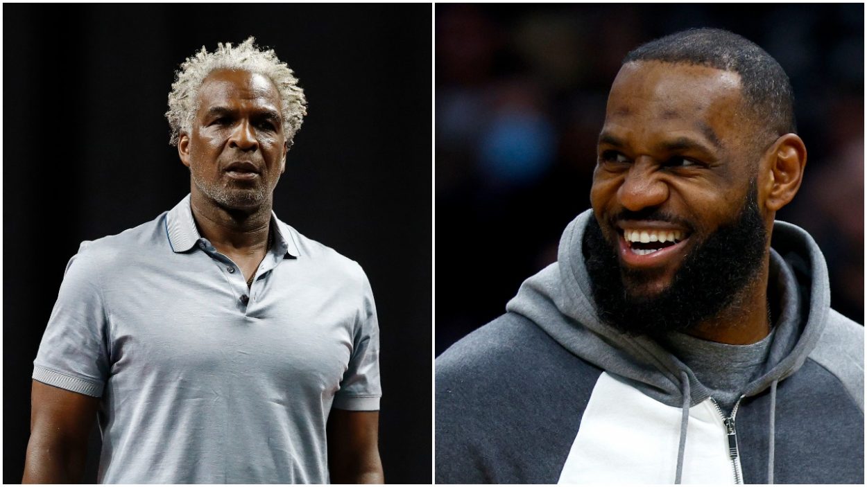 L-R: NBA great Charles Oakley on the sidelines during a BIG3 tournament and Lakers star LeBron James laughing during an NBA game against the Charlotte Hornets