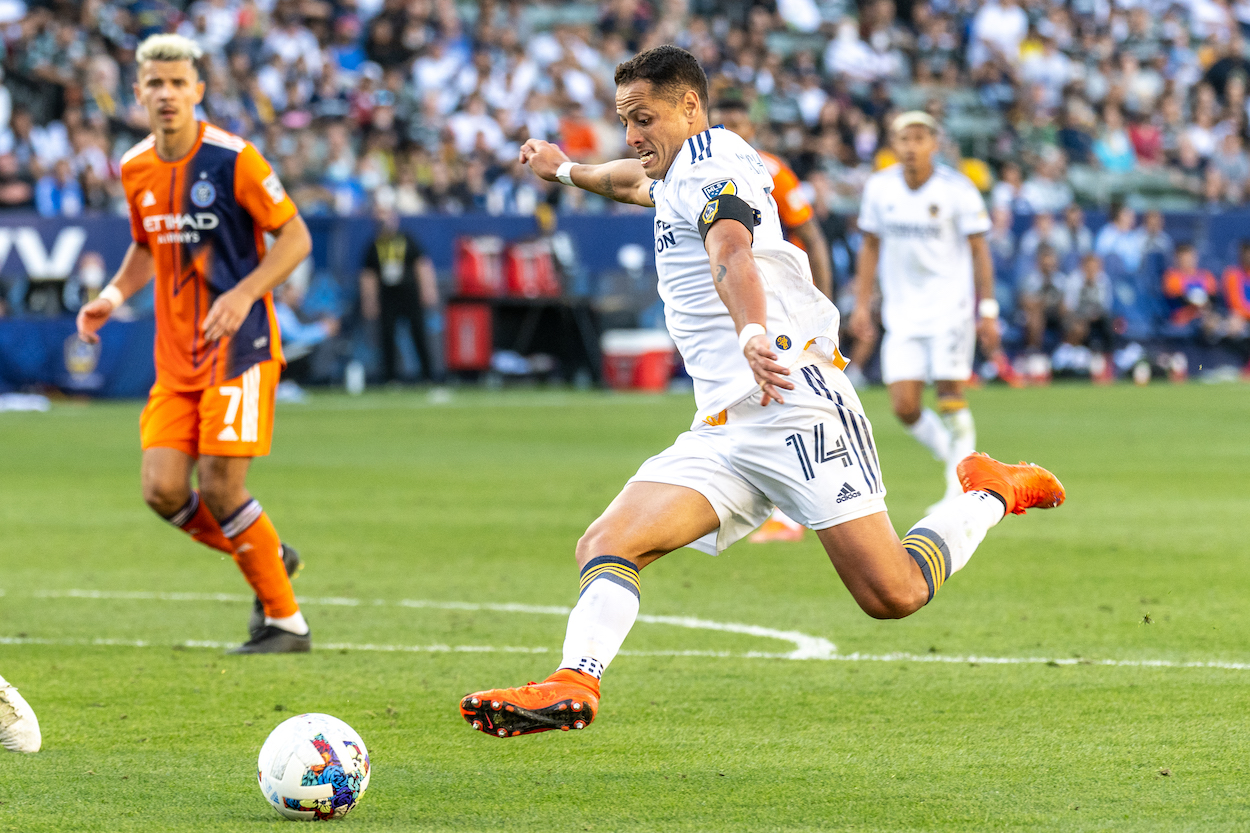 Javier "Chicharito" Hernandez of the LA Galaxy breaks in on goal during the match against New York City FC (NYCFC) at the Dignity Health Sports Park on February 27, 2022 in Carson, California. Los Angeles Galaxy won the match 1-0.